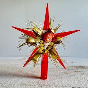 Vintage Bradford Plastic Red Star With Angel Tree Topper